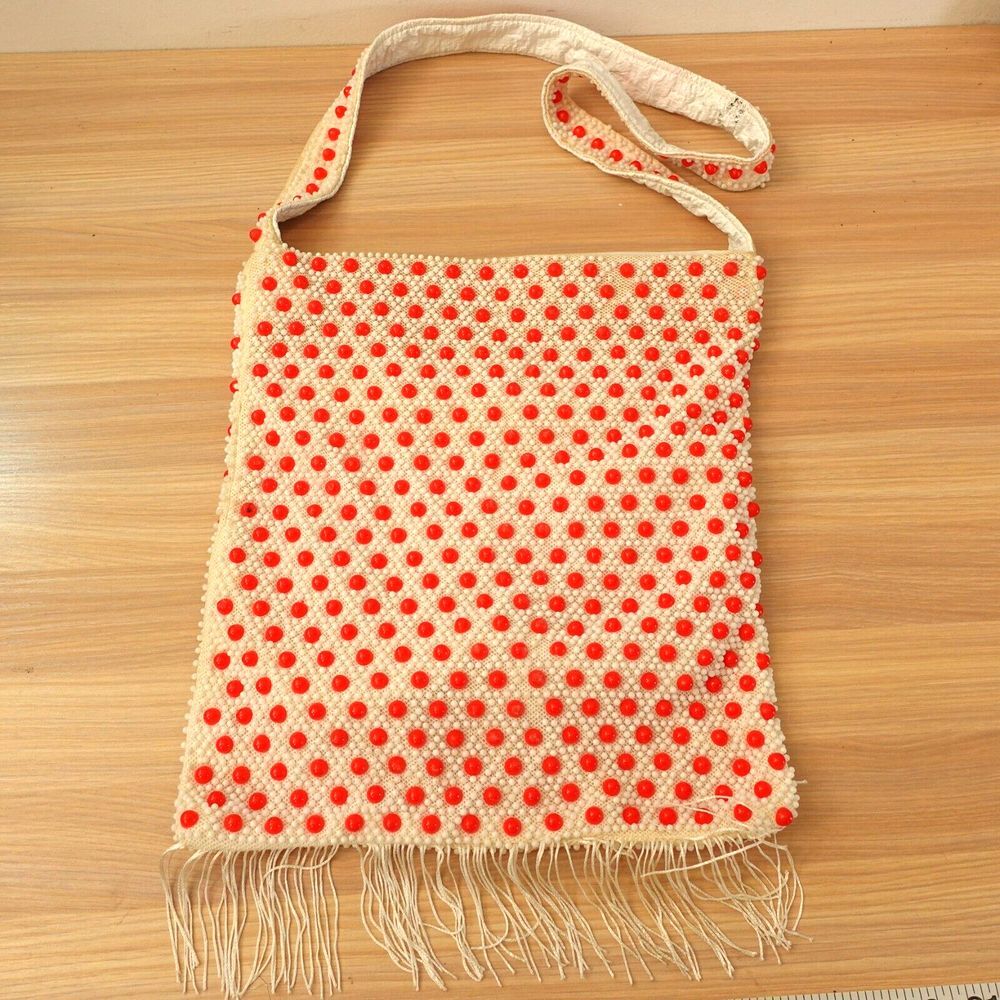 1950s VINTAGE Beaded Bag Medium White Crochet‎ MOD Mesh Shoulder Purse Gatsby